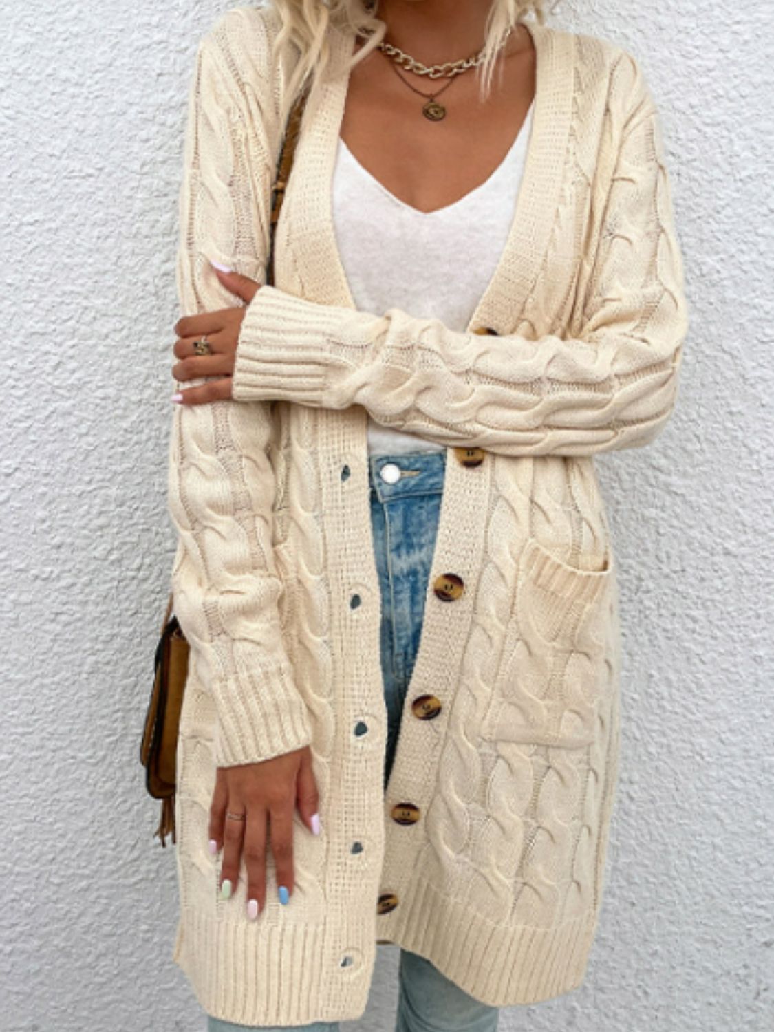 Cable-Knit Button Down Cardigan with Pockets - The Goddess Galleries
