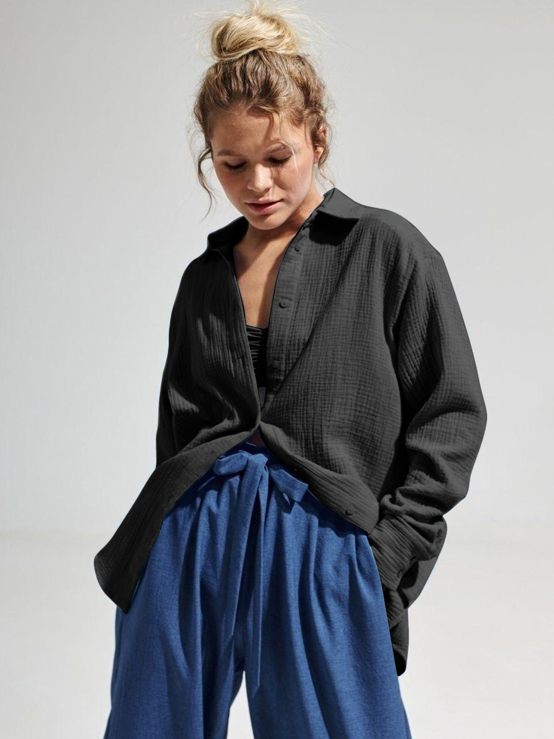 Textured Collared Neck Long Sleeve Shirt - The Goddess Galleries