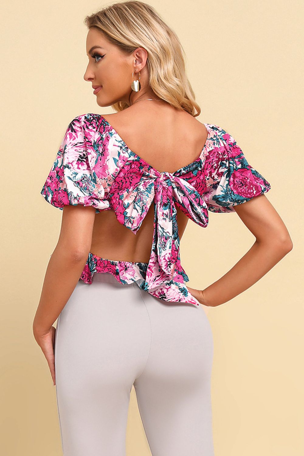 Floral Tied Cropped Peplum Blouse - The Goddess Galleries