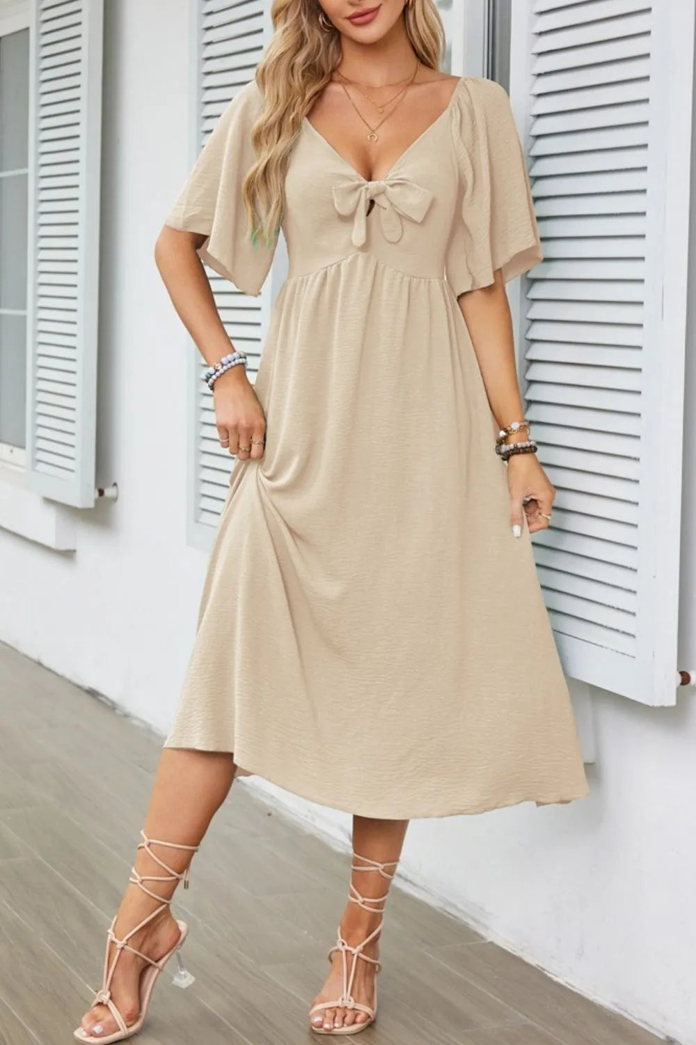 Smocked Tie Front Flutter Sleeve Midi Dress - The Goddess Galleries