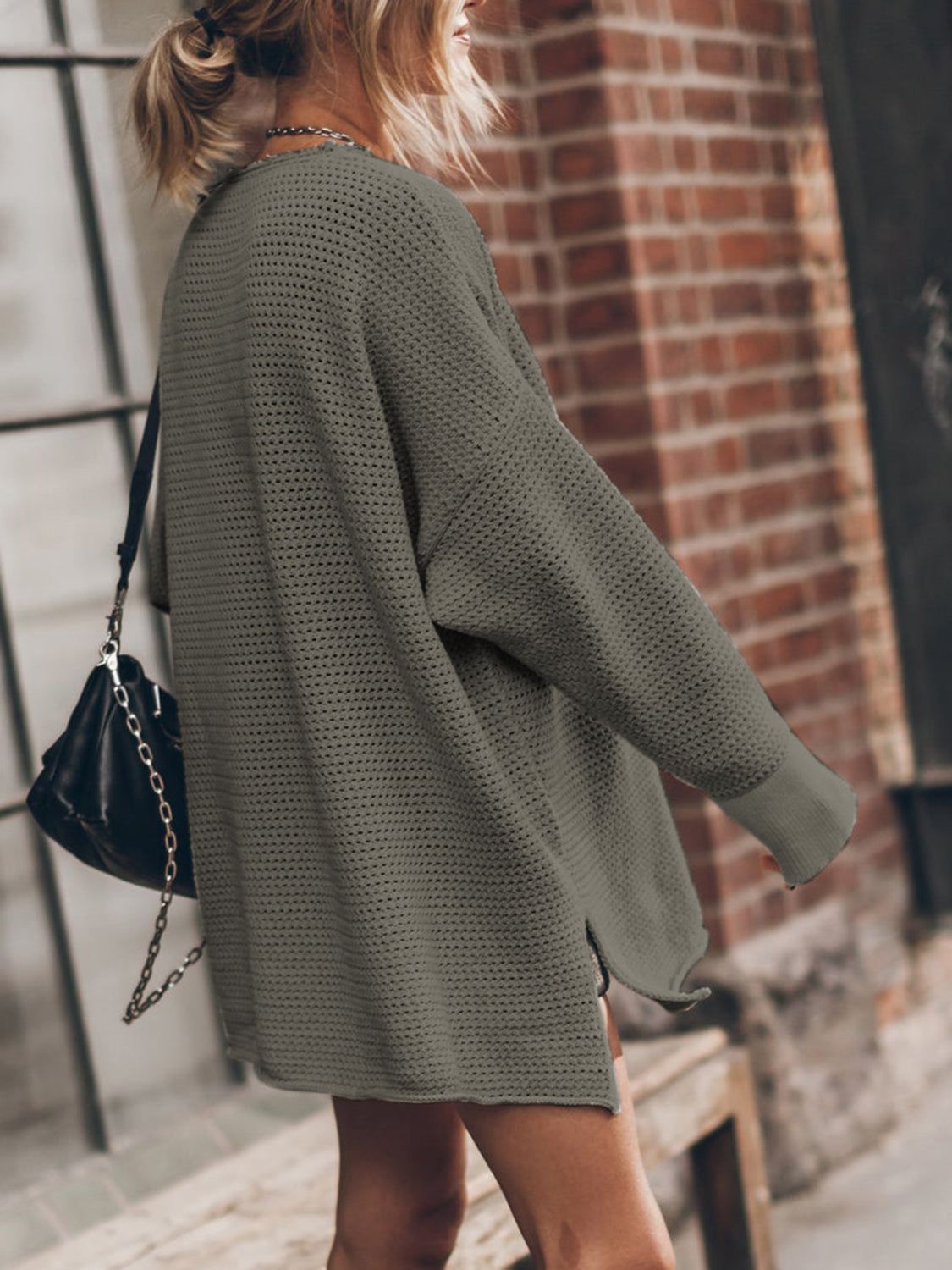 Openwork Round Neck Long Sleeve Slit Sweater - The Goddess Galleries