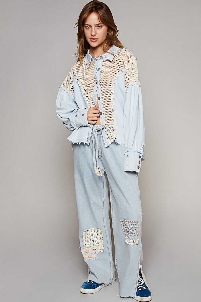 POL Crochet Contrast Button Down Star Studs Shirt - The Goddess Galleries