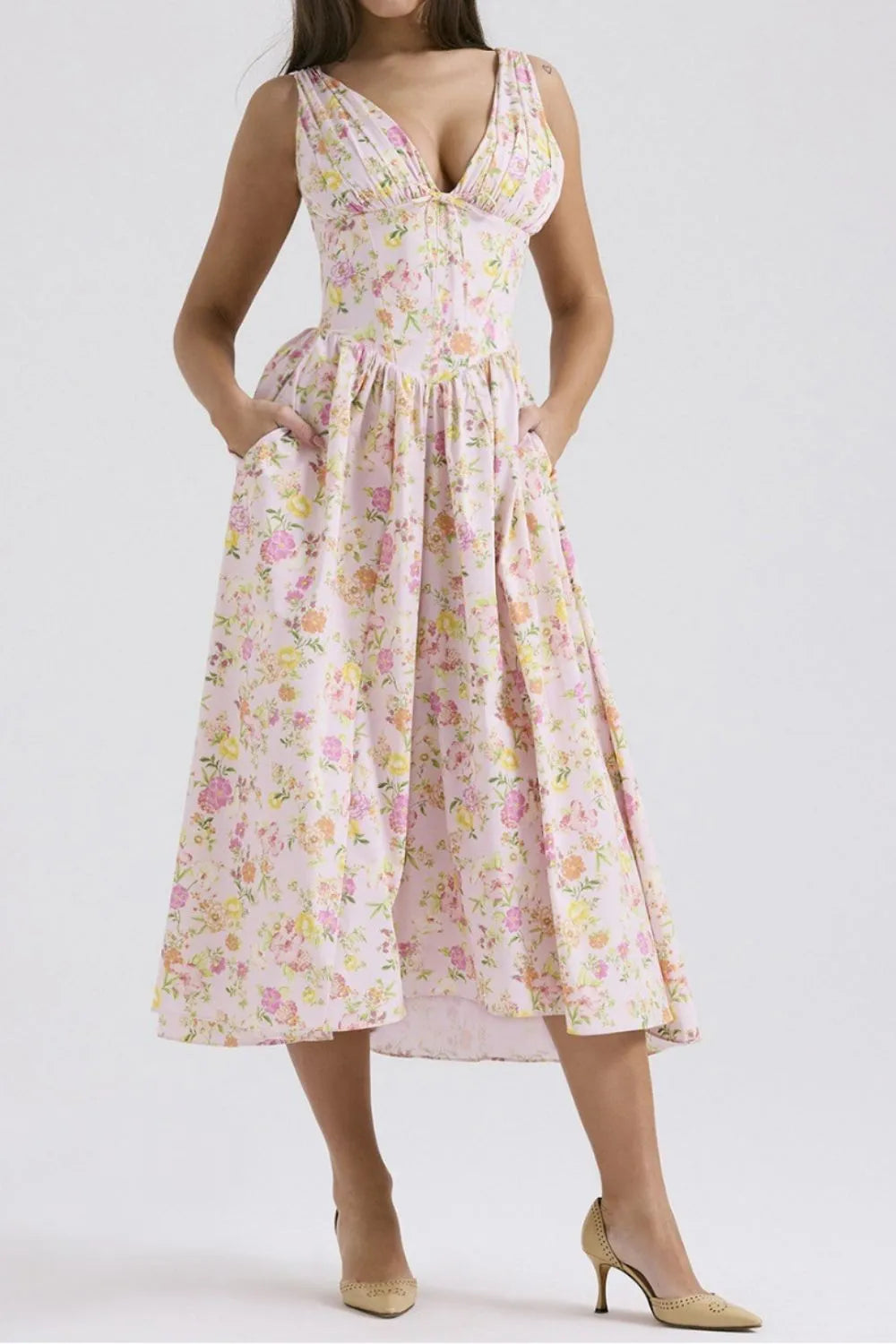 Floral V-Neck Sleeveless Midi Dress with Pockets - The Goddess Galleries