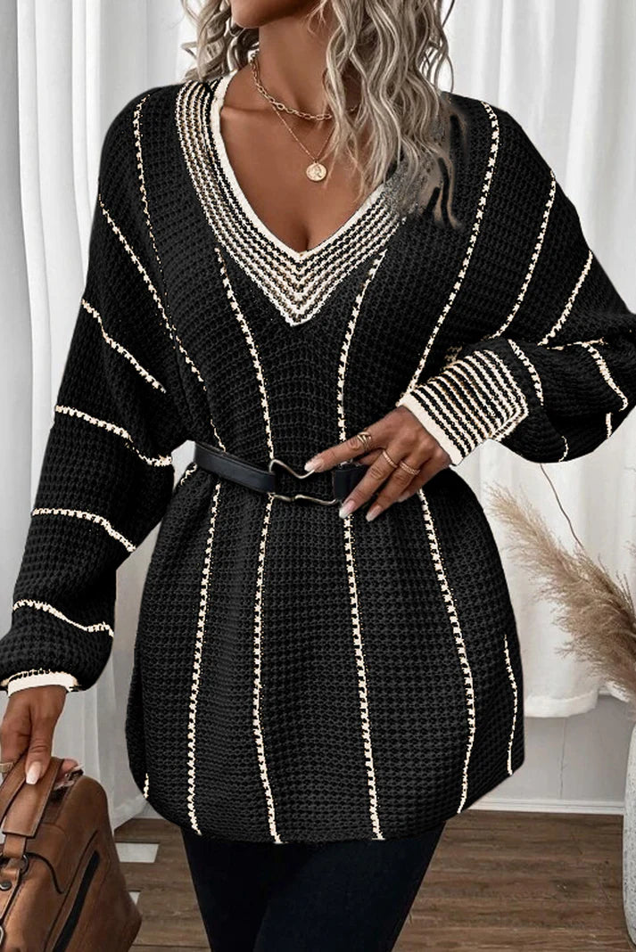 Striped V-Neck Long Sleeve Sweater - The Goddess Galleries