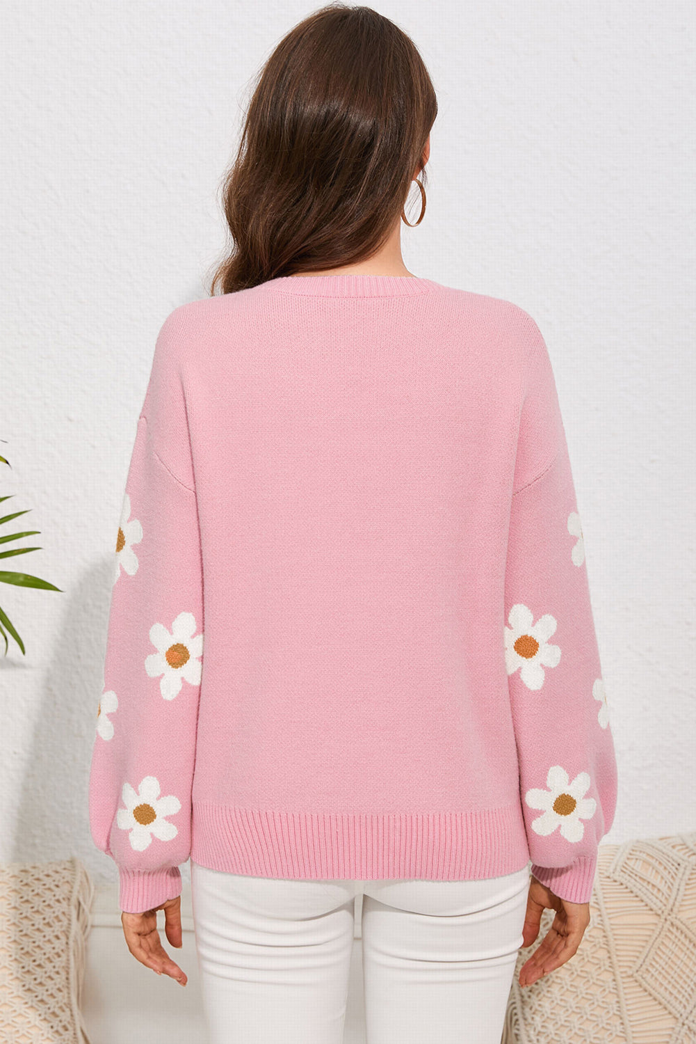 Flower Round Neck Dropped Shoulder Sweater - The Goddess Galleries