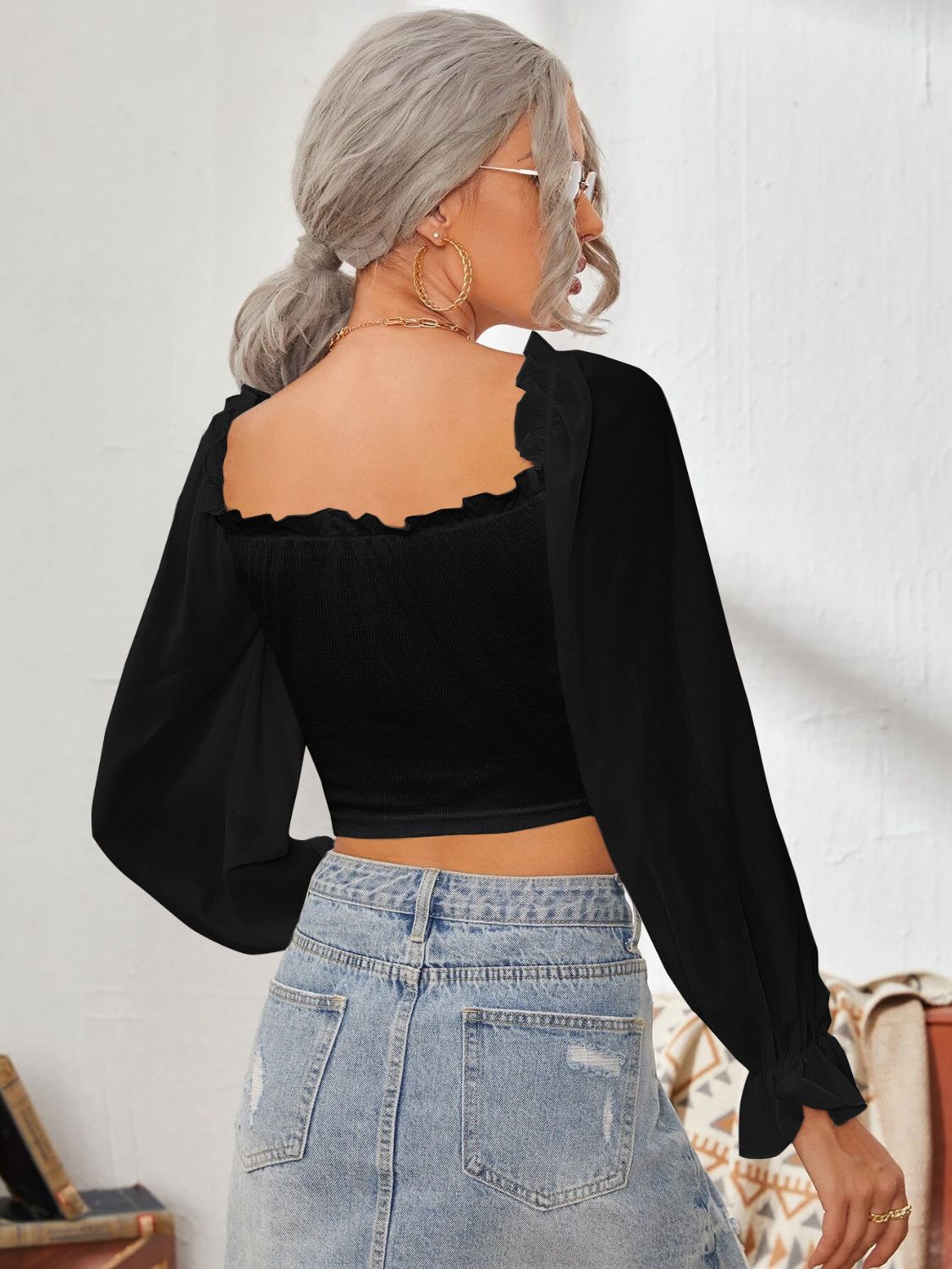 Mesh Sweetheart Neck Flounce Sleeve Top - The Goddess Galleries