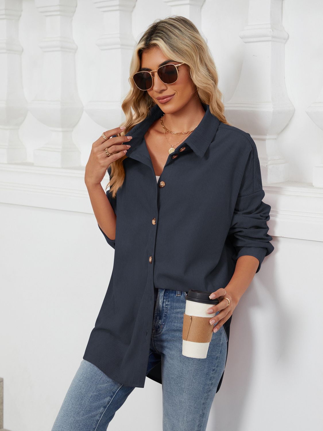 Collared Neck Long Sleeve Dropped Shoulder Shirt - The Goddess Galleries