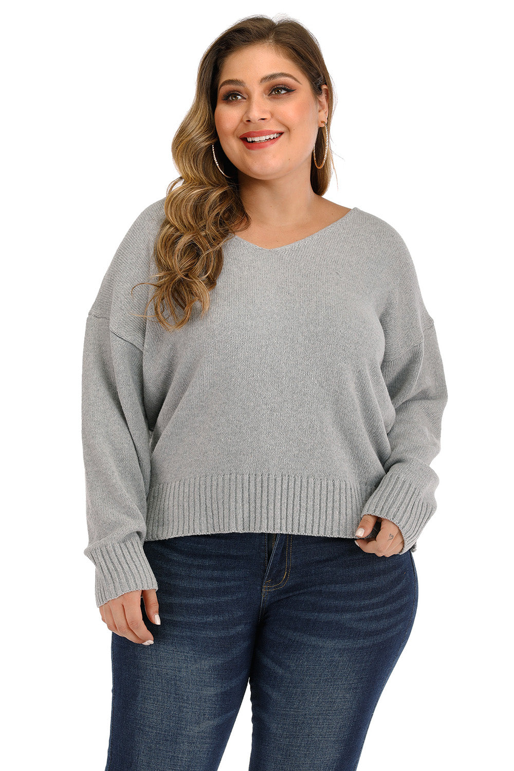 Plus Size V Neck Pullover Sweater - The Goddess Galleries