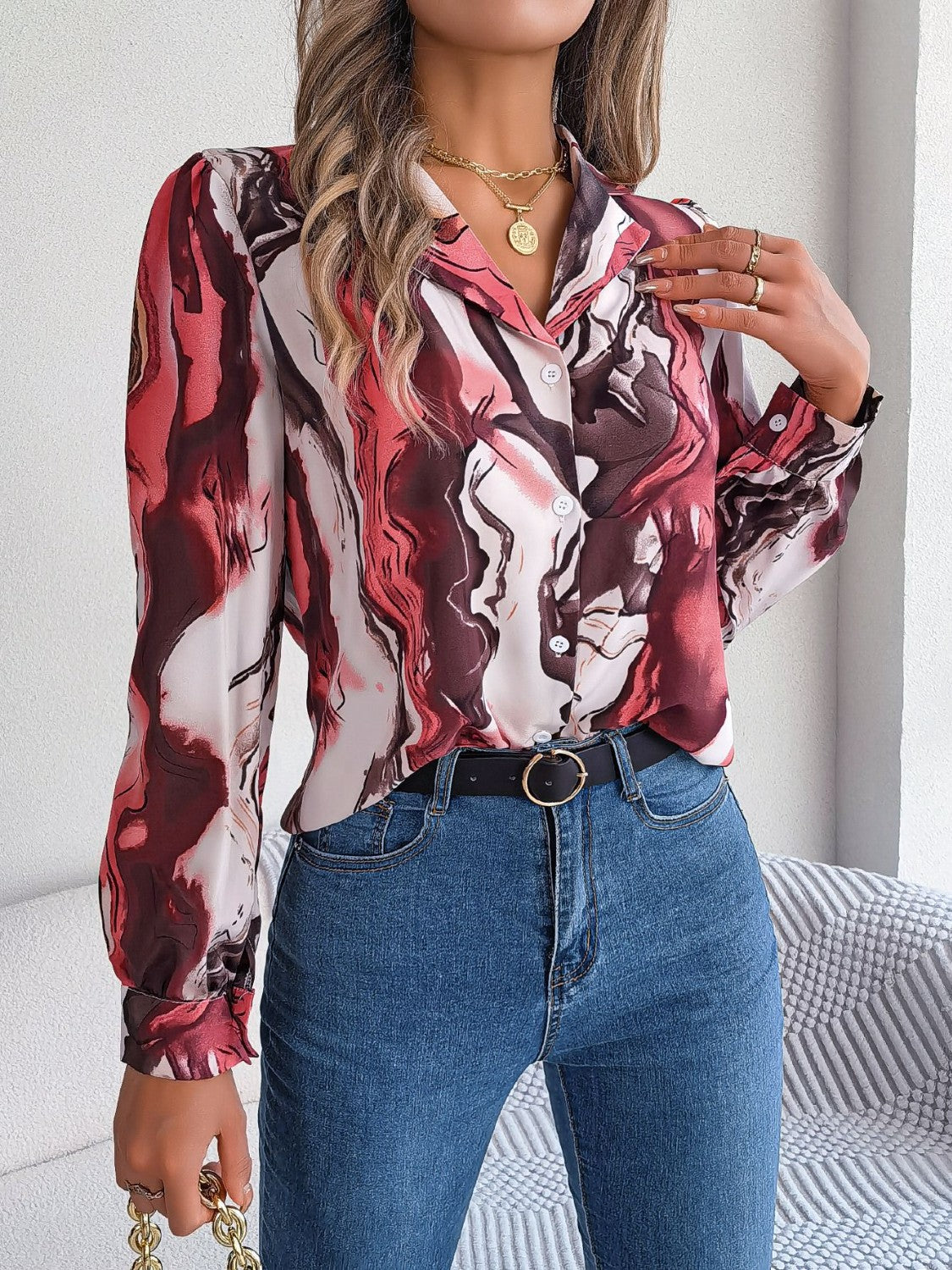 Printed Button Up Long Sleeve Shirt - The Goddess Galleries