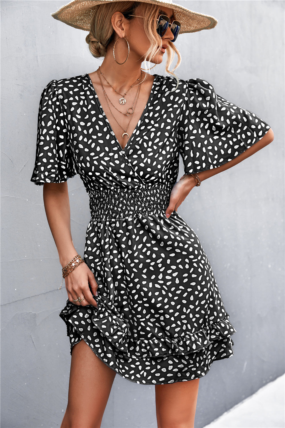 Printed Smocked Waist Layered Surplice Dress - The Goddess Galleries
