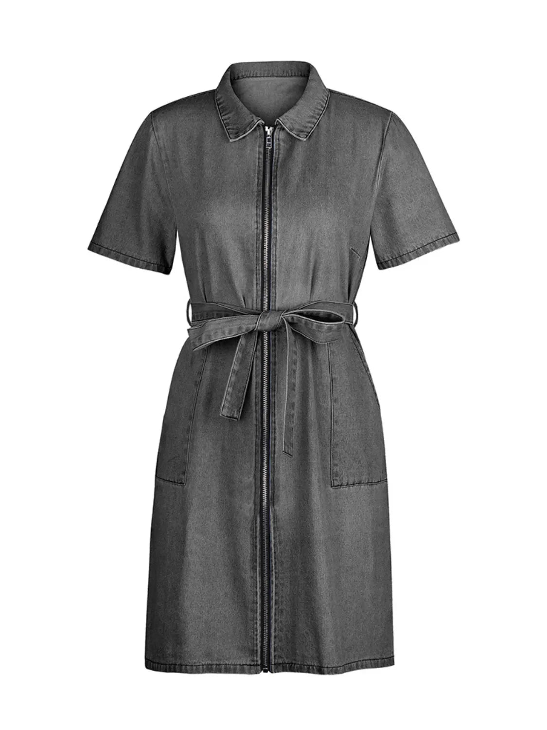 Full Size Zip Front Short Sleeve Denim Dress Plus Size - The Goddess Galleries