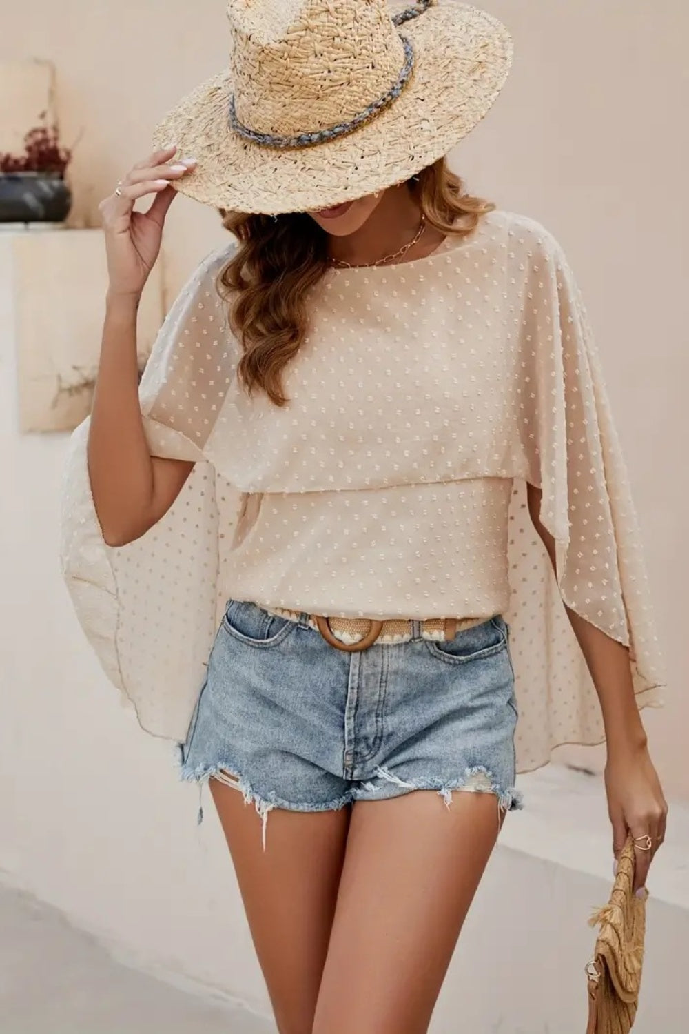 Swiss Dot Round Neck Blouse - The Goddess Galleries