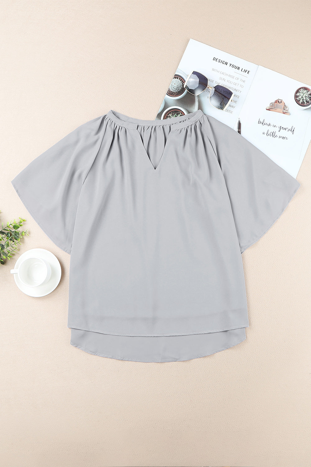 Gathered Detail Notched Neck Flutter Sleeve Top - The Goddess Galleries