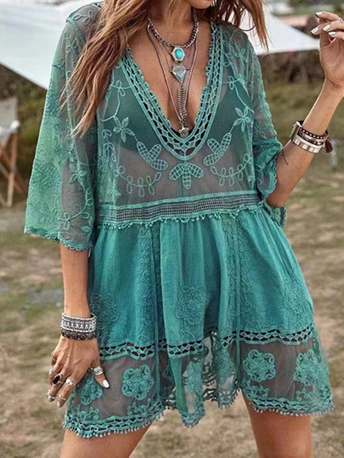 Lace Detail Plunge Cover-Up Dress - The Goddess Galleries