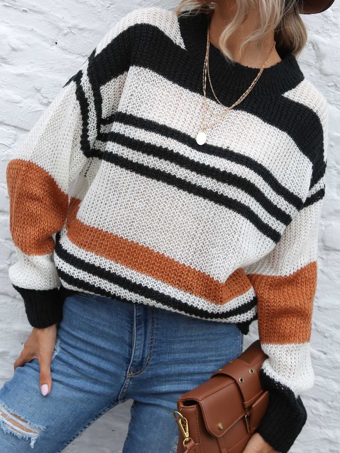 Contrast Striped Round Neck Long Sleeve Sweater - The Goddess Galleries