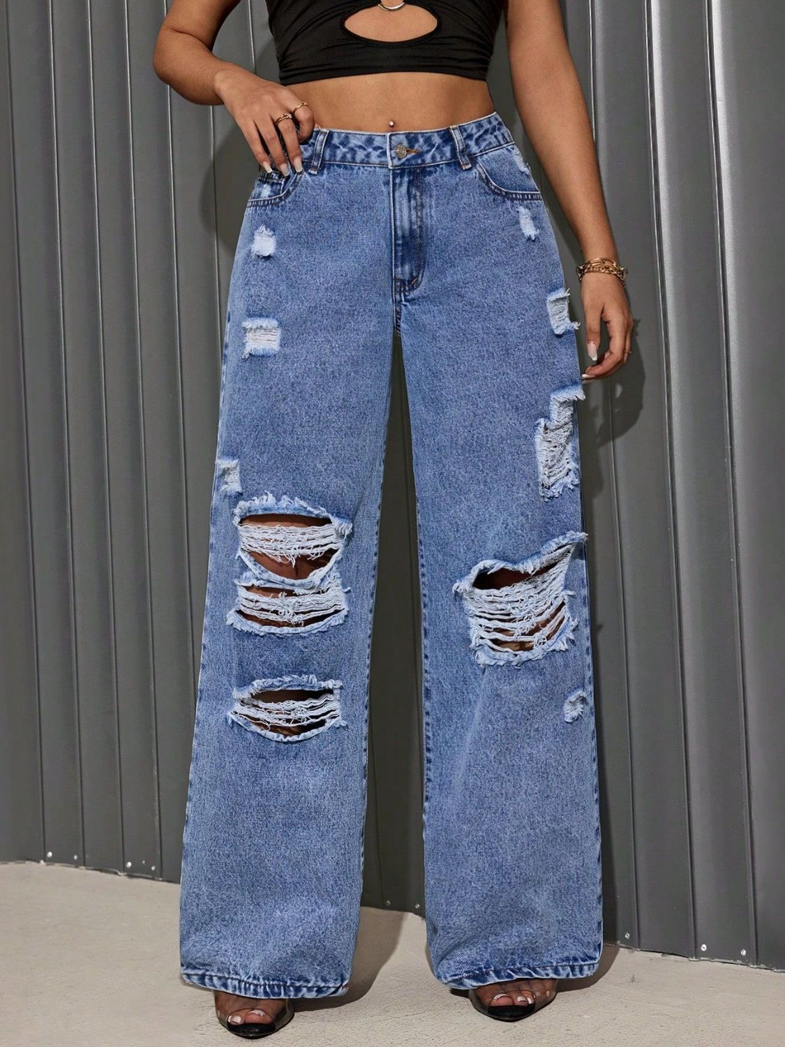 Distressed Wide Leg Jeans - The Goddess Galleries