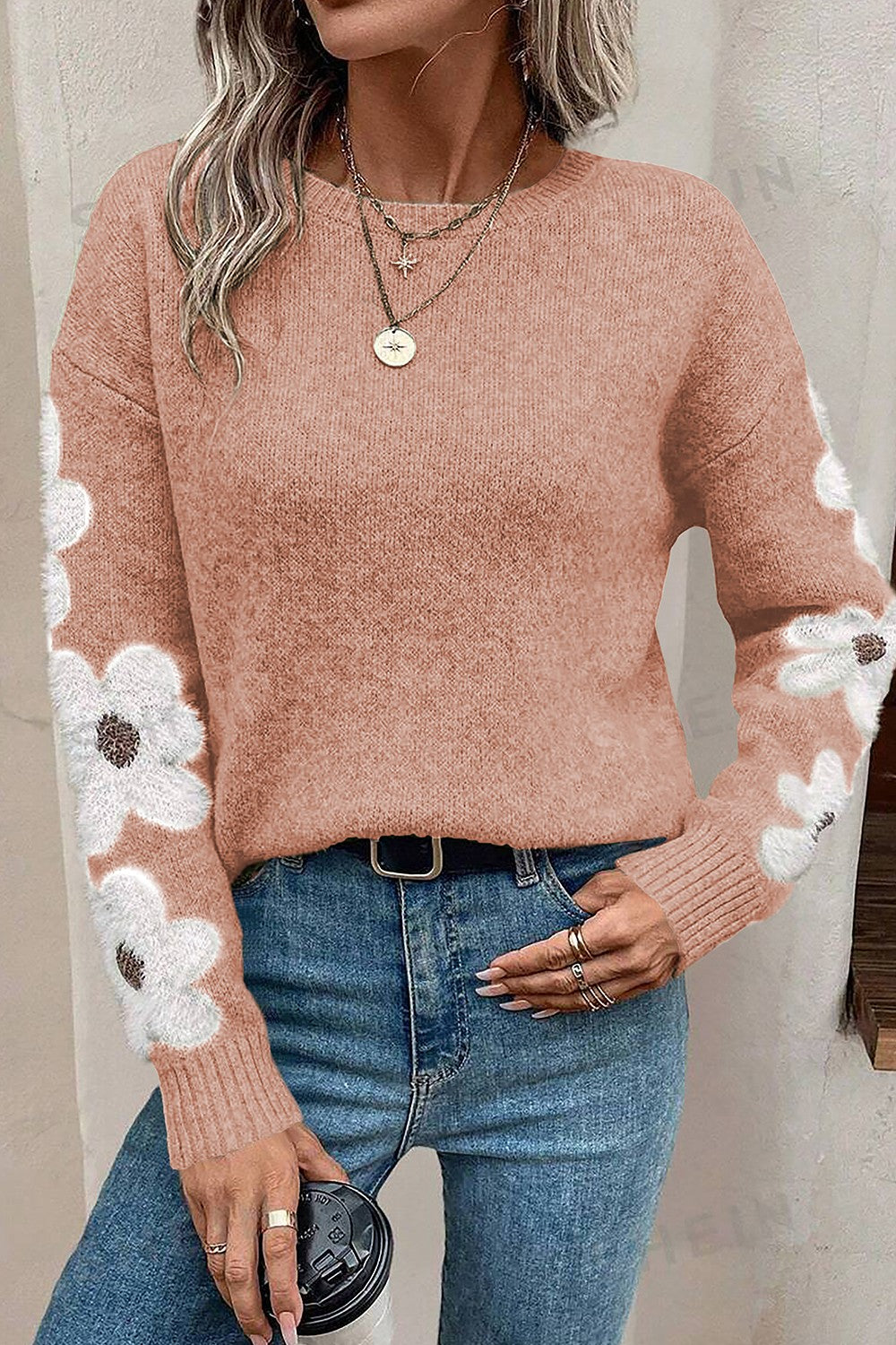 Flower Round Neck Long Sleeve Sweater - The Goddess Galleries