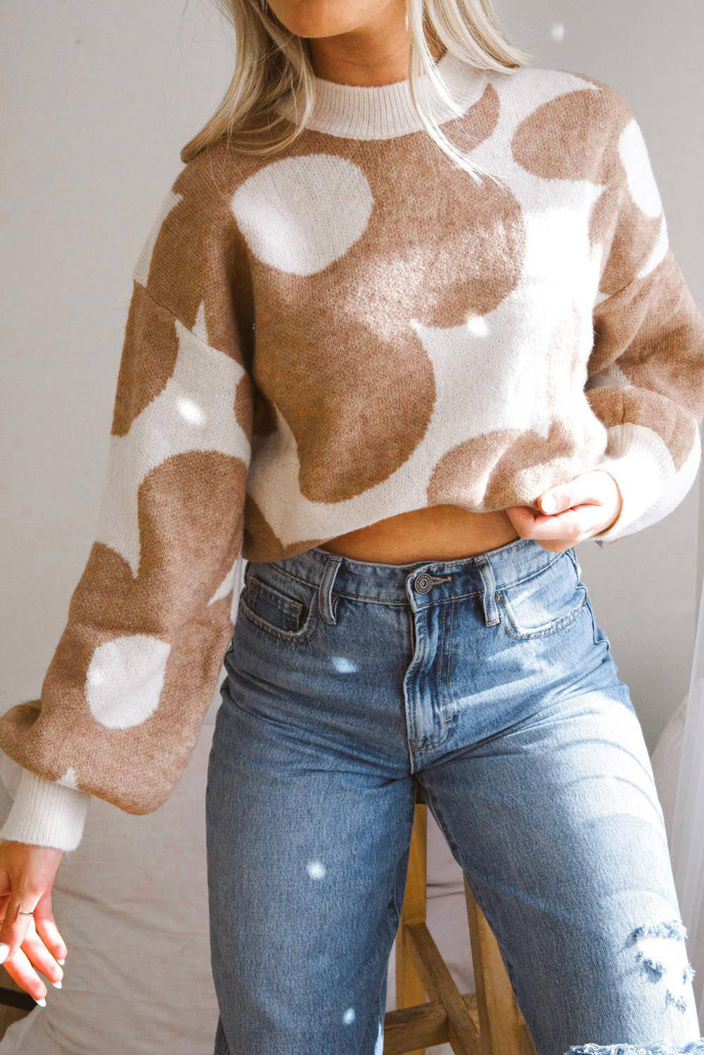 Contrast Flower Mock Neck Long Sleeve Sweater - The Goddess Galleries
