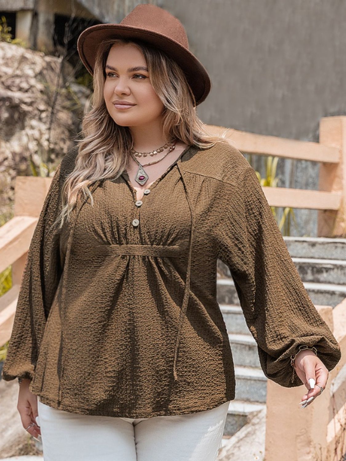Plus Size Tie Neck Long Sleeve Blouse - The Goddess Galleries