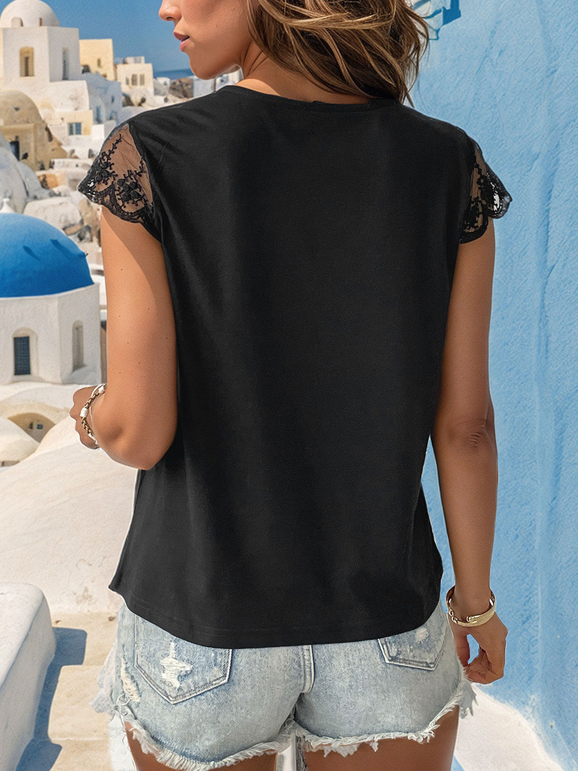 Perfee Lace Trim Cap Sleeve Blouse - The Goddess Galleries