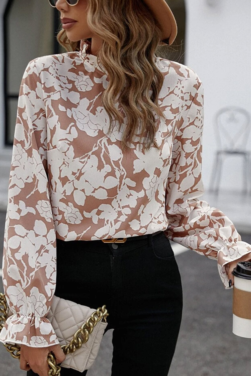 Floral Print Mock Neck Flounce Sleeve Blouse - The Goddess Galleries