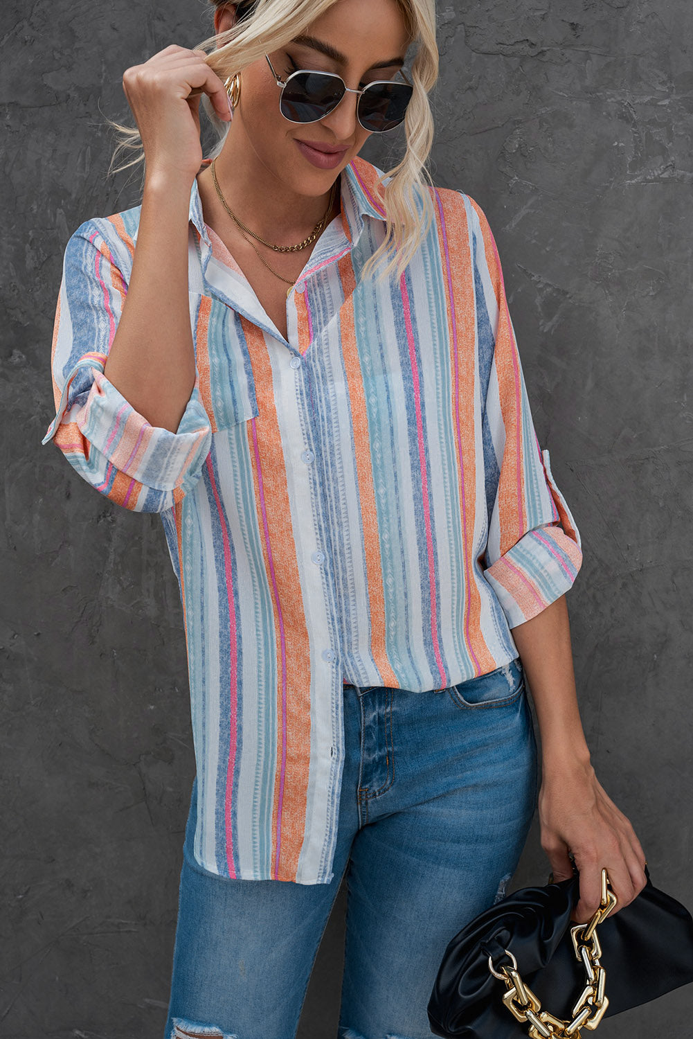 Striped Button-Up Curved Hem Shirt with Breast Pocket - The Goddess Galleries