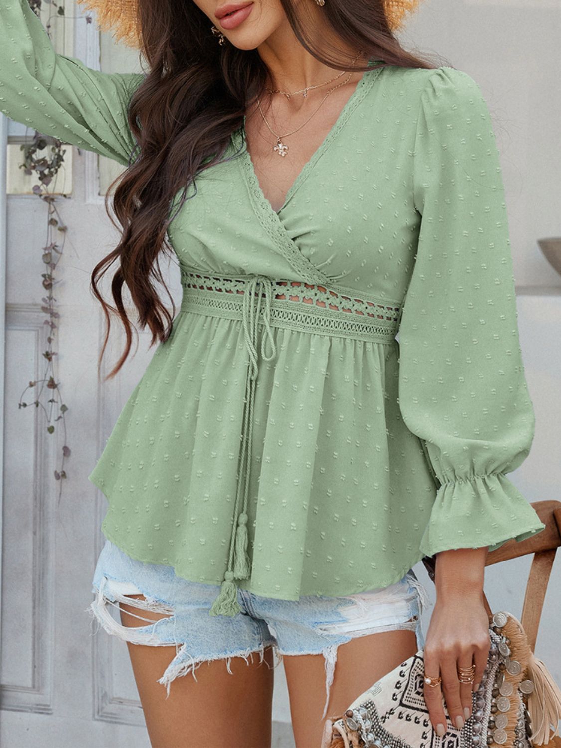 Devine Swiss Dot Lace Detail Surplice Flounce Sleeve Blouse - The Goddess Galleries