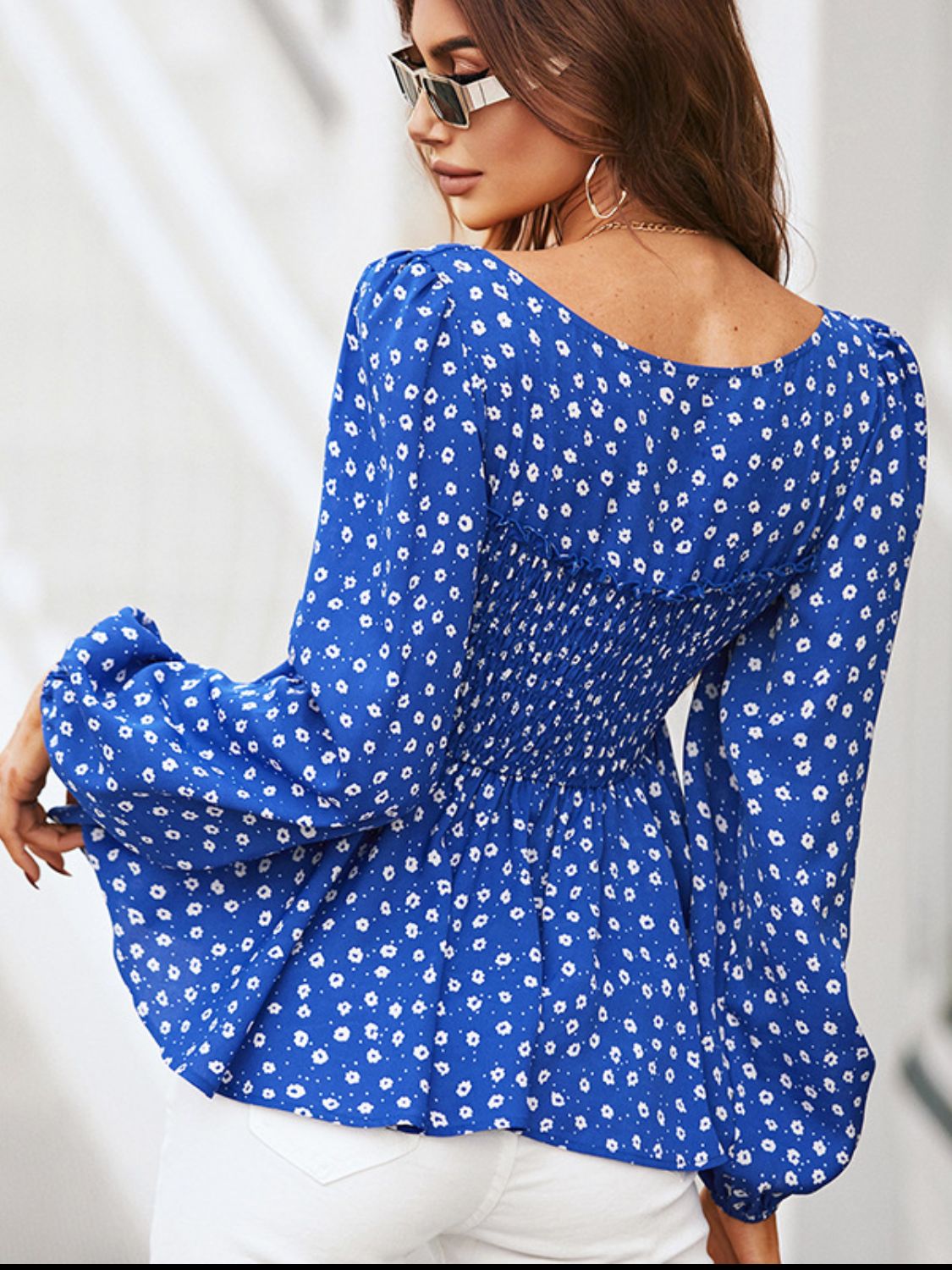 Smocked Square Neck Long Sleeve Blouse - The Goddess Galleries