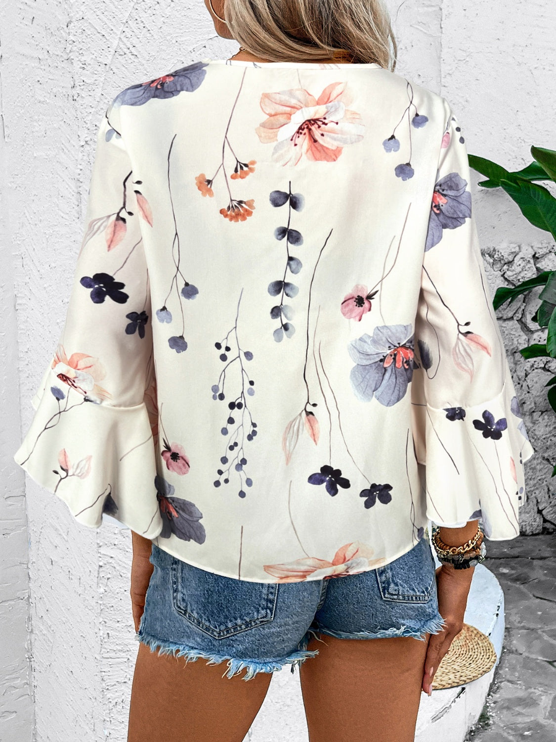 Honey Ruffled Printed V-Neck Half Sleeve Blouse - The Goddess Galleries