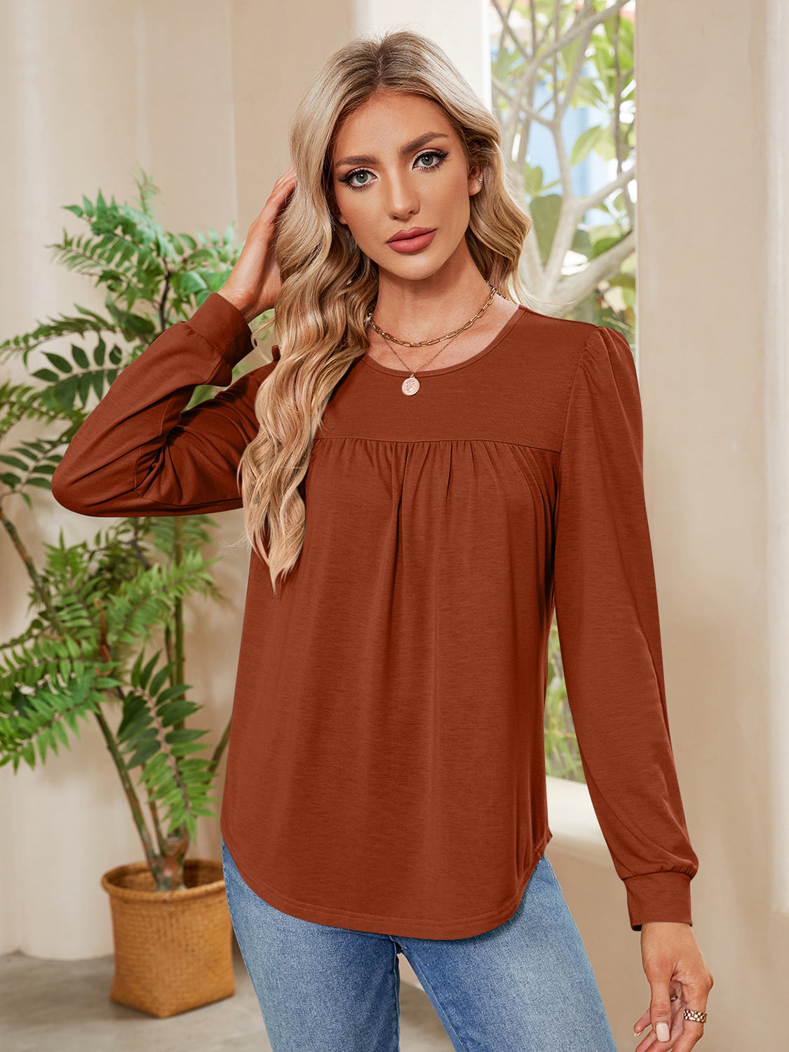 Ruched Round Neck Long Sleeve Blouse - The Goddess Galleries