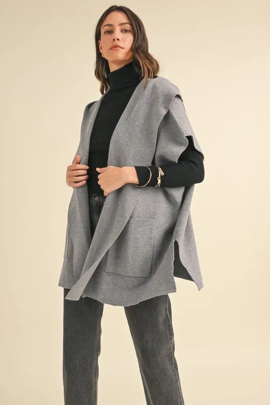 MABLE Knit Open Front Hooded Cardigan With Pocket - The Goddess Galleries