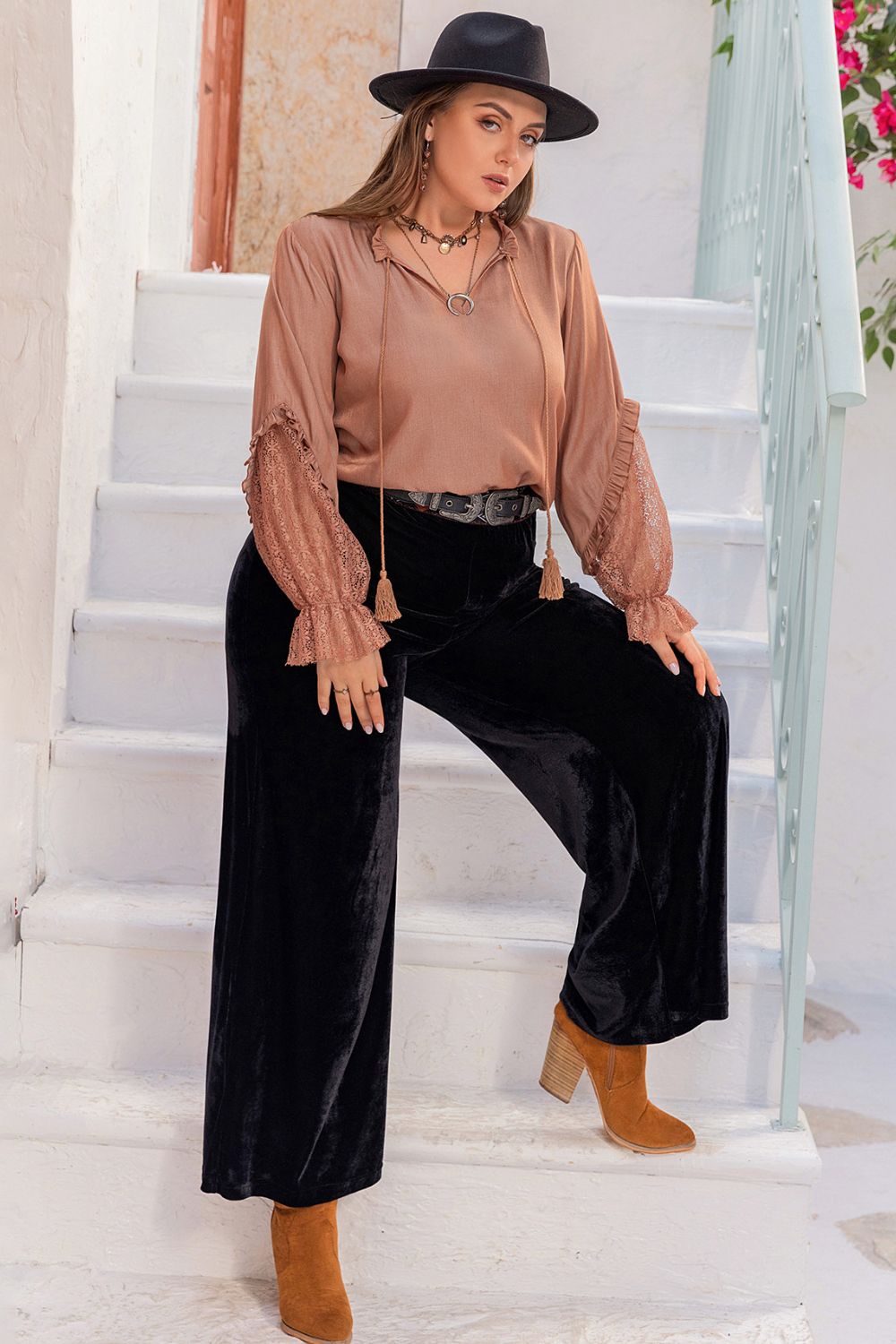 Plus Size Tie Neck Flounce Sleeve Blouse - The Goddess Galleries