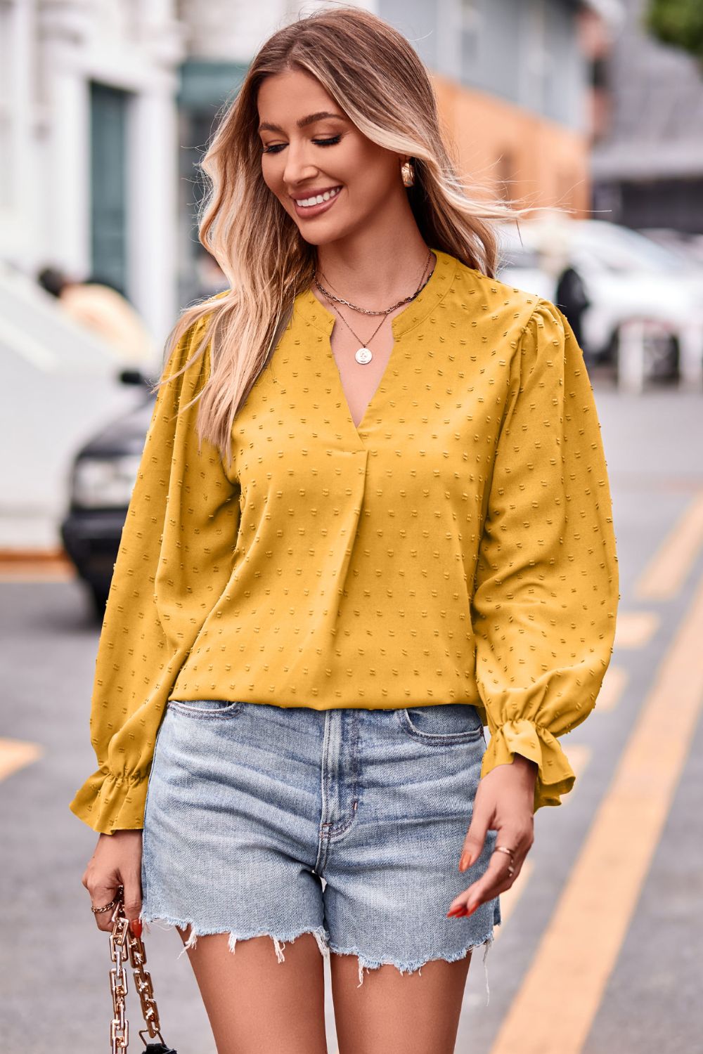 Swiss Dot Notched Neck Flounce Sleeve Blouse - The Goddess Galleries