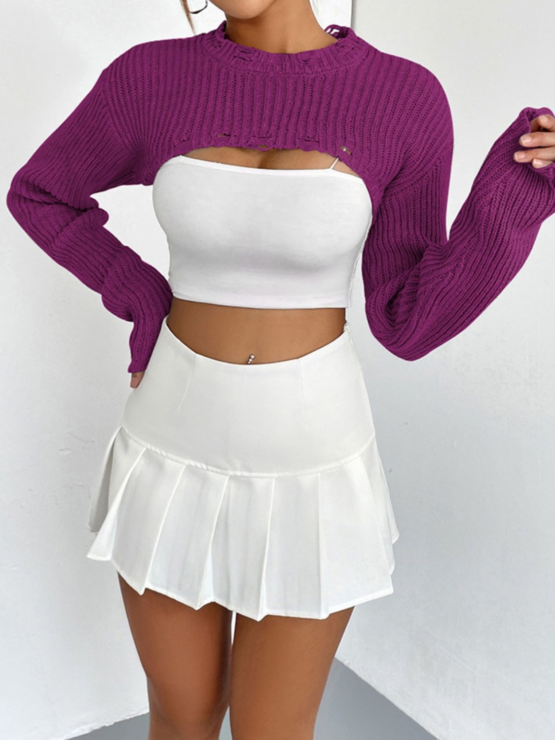 Distressed Long Sleeve Cropped Sweater - The Goddess Galleries