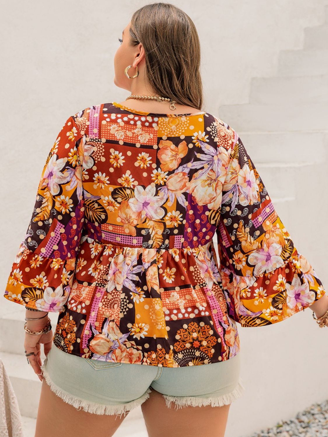 Plus Size Printed Tie Neck Blouse - The Goddess Galleries