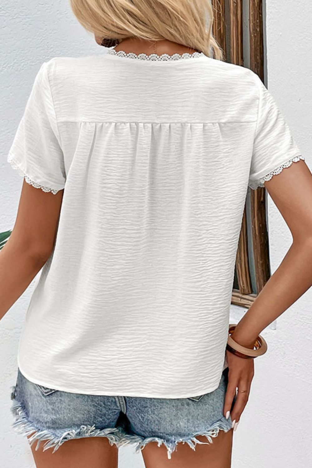 Perfee Textured Lace Trim Tee Shirt - The Goddess Galleries