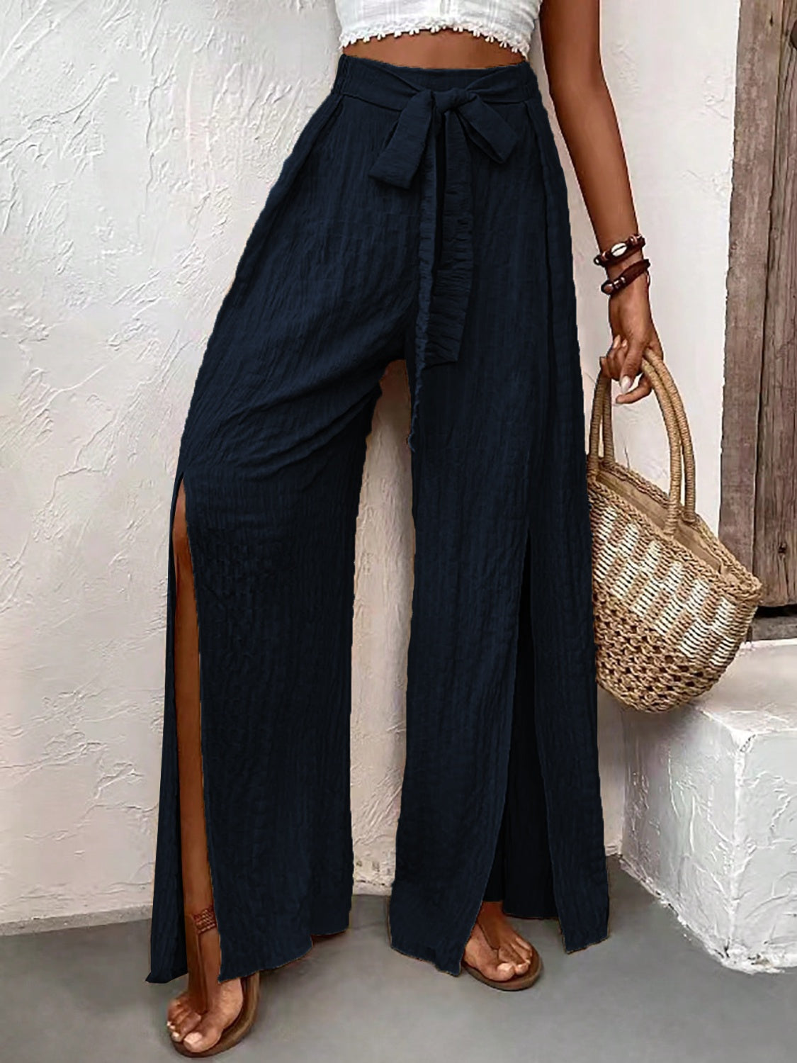 Honey Tied Slit Wide Leg Pants - The Goddess Galleries