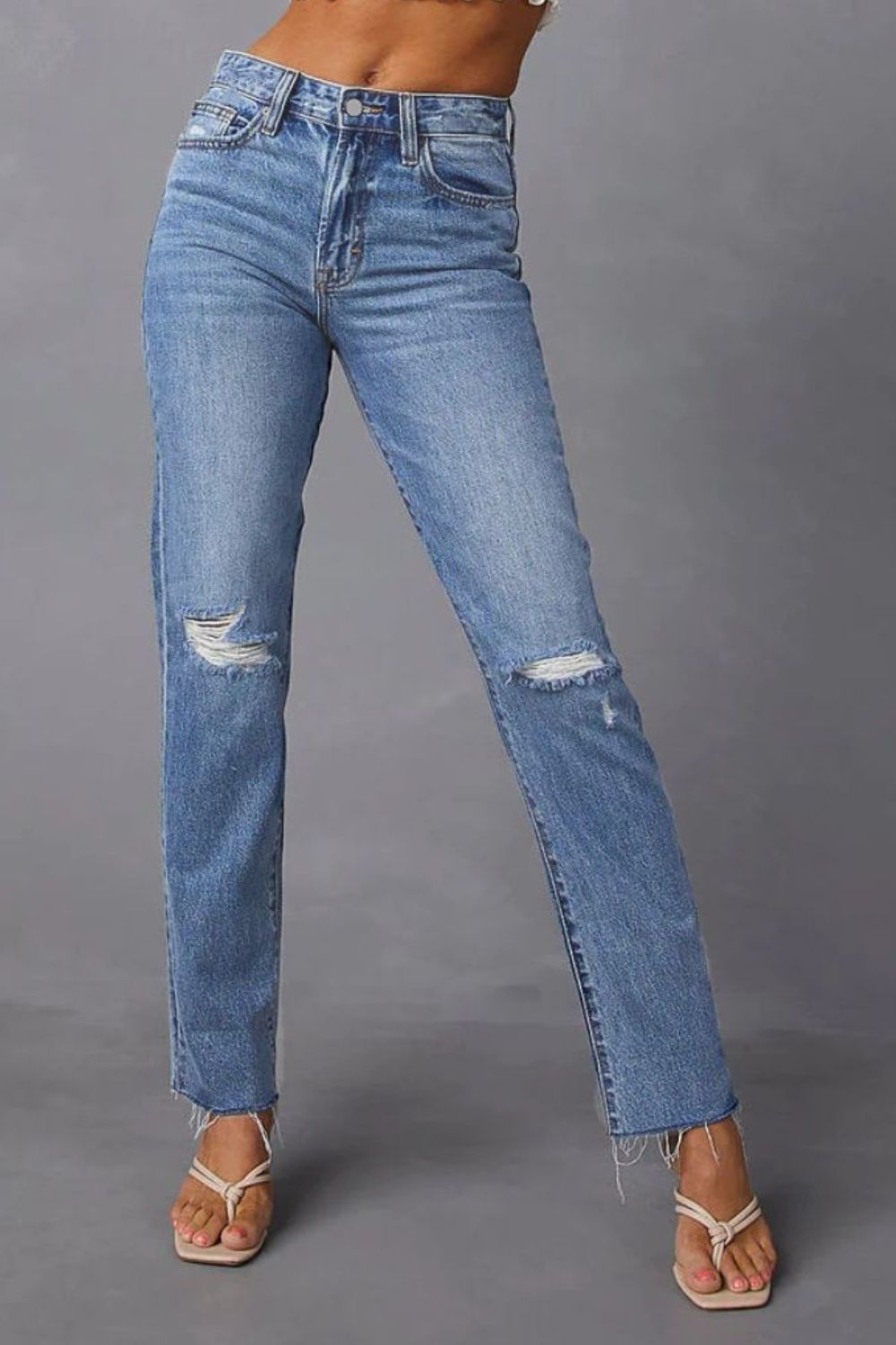 Distressed Raw Hem Straight Jeans with Pockets - The Goddess Galleries