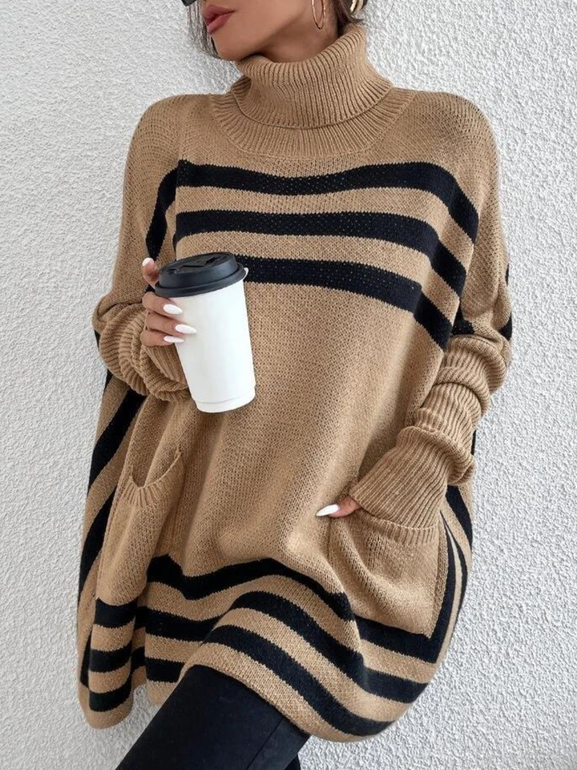 Striped Turtleneck Batwing Sleeve Sweater with Pockets - The Goddess Galleries