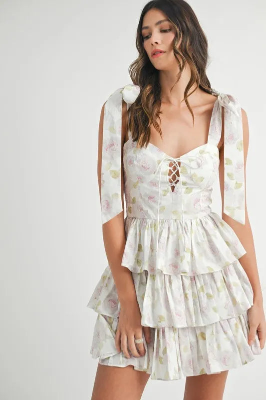 MABLE Floral Print Shoulder Tie Layered Mini Dress - The Goddess Galleries