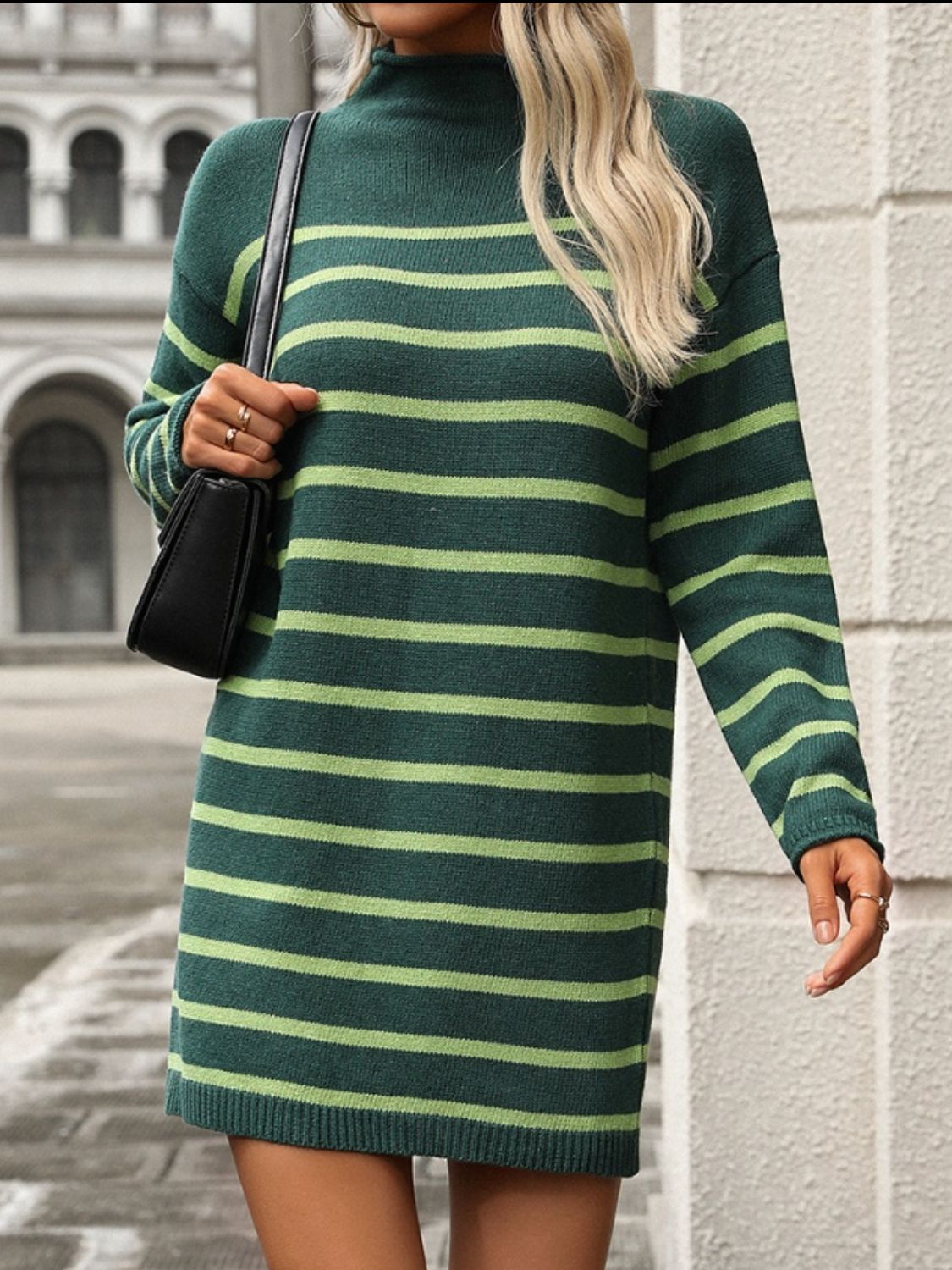 Striped Mock Neck Long Sleeve Mini Dress - The Goddess Galleries