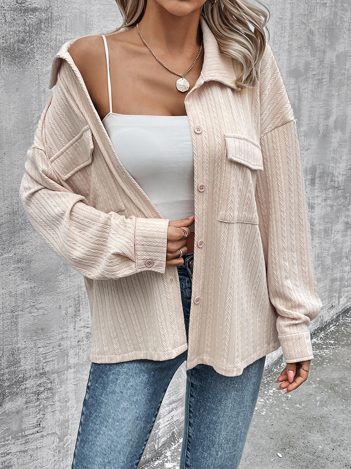 Pocketed Button Up Dropped Shoulder Jacket - The Goddess Galleries