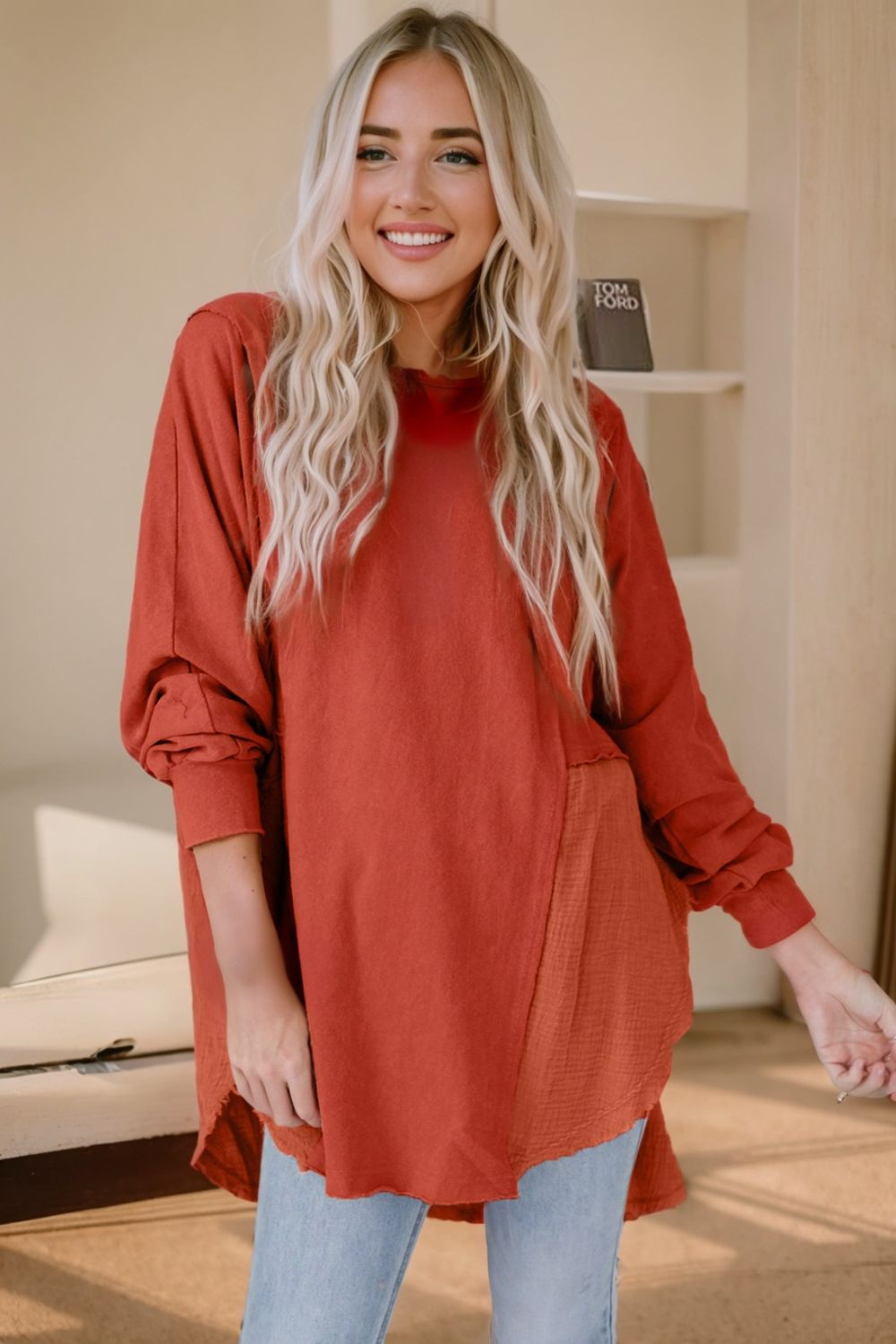 Contrast Texture Round Neck Long Sleeve Blouse - The Goddess Galleries