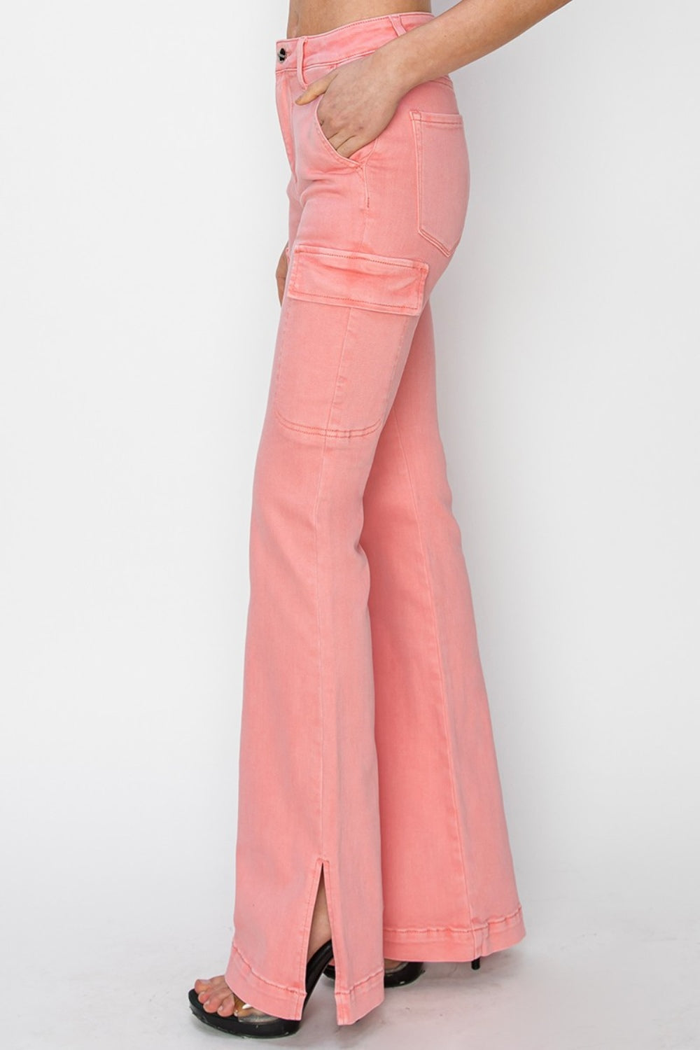 RISEN Full Size High Rise Side Slit Cargo Bootcut Jeans - The Goddess Galleries
