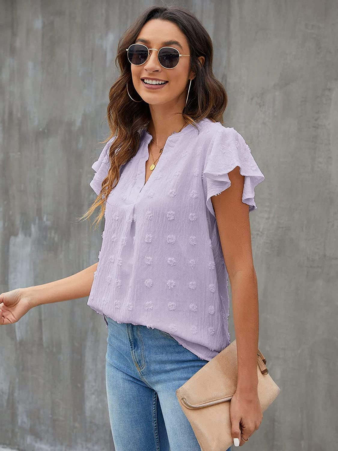 Swiss Dot Notched Flutter Sleeve Blouse - The Goddess Galleries