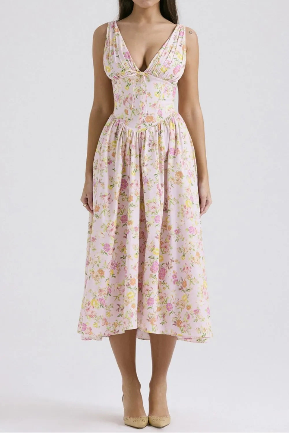 Floral V-Neck Sleeveless Midi Dress with Pockets - The Goddess Galleries