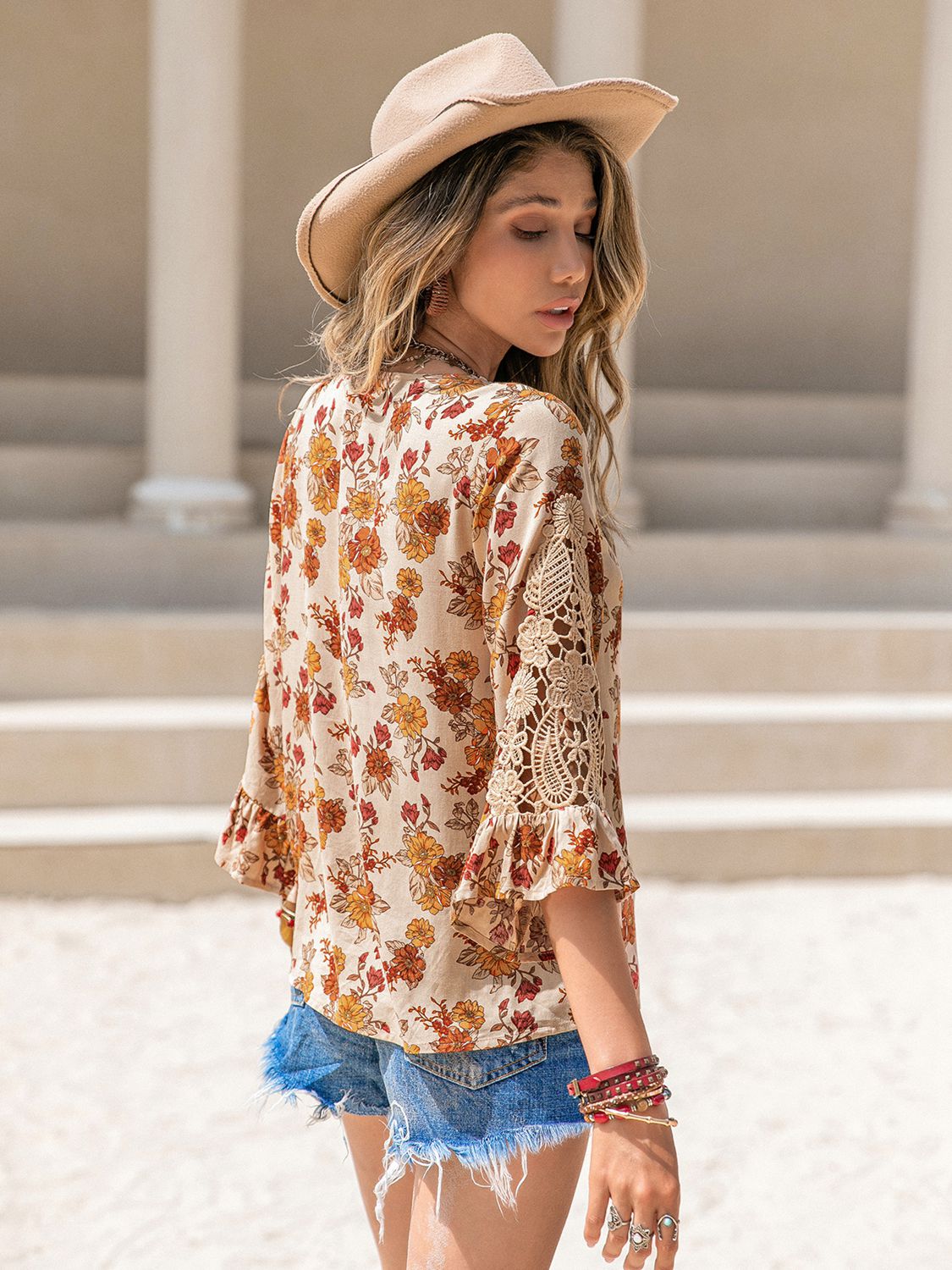 Floral V-Neck Spliced Lace Blouse - The Goddess Galleries