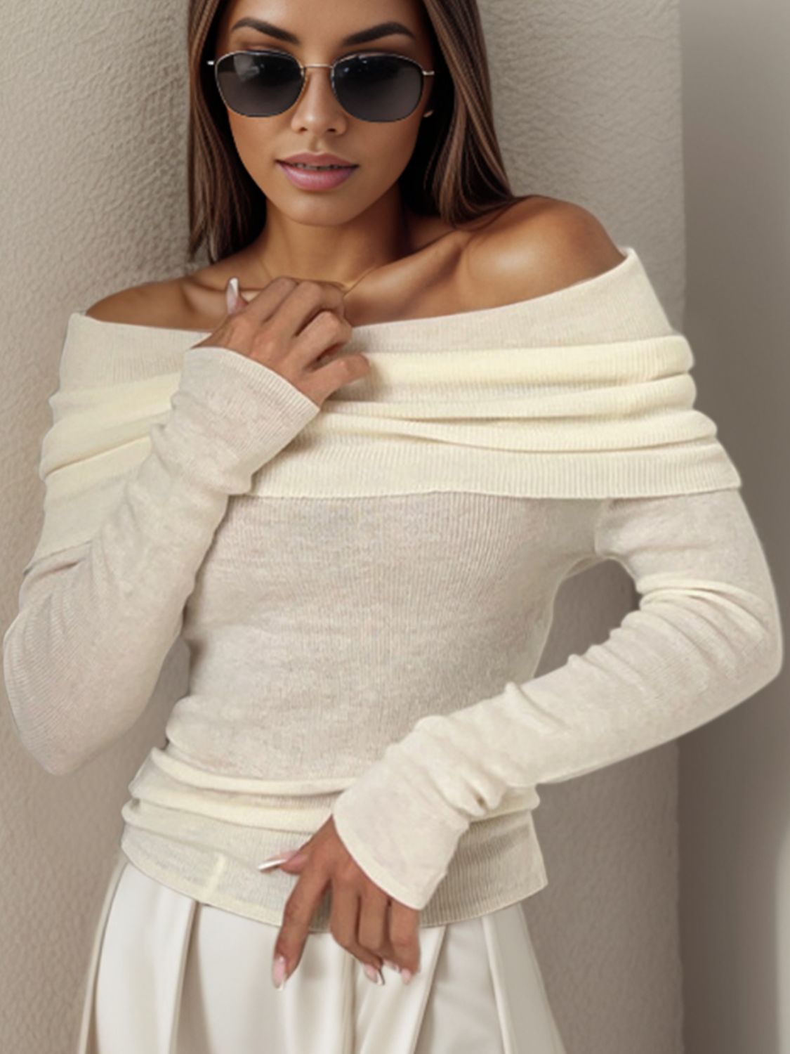Off-Shoulder Long Sleeve Sweater - The Goddess Galleries