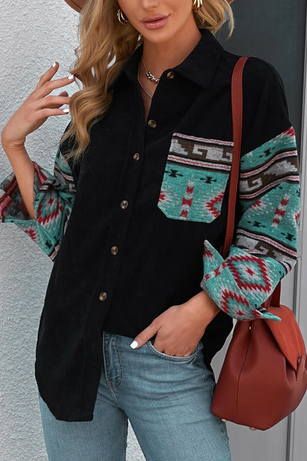 Pocketed Geometric Collared Neck Shacket - The Goddess Galleries