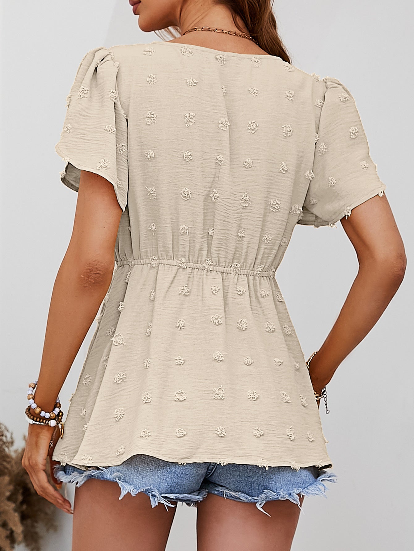 Swiss Dot Buttoned Petal Sleeve Peplum Blouse - The Goddess Galleries